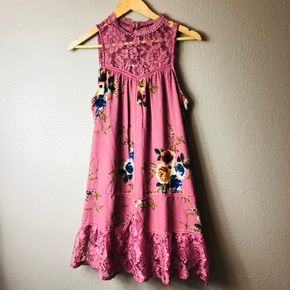 Entro Blush Rose Floral Dress w/ Slip / Lace / Sm